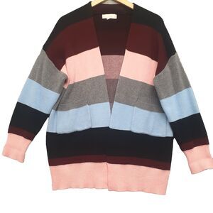 Weekend Suzanne Betro Women Sz L/XL Open Front Blue Pink Gray Striped Cardigan